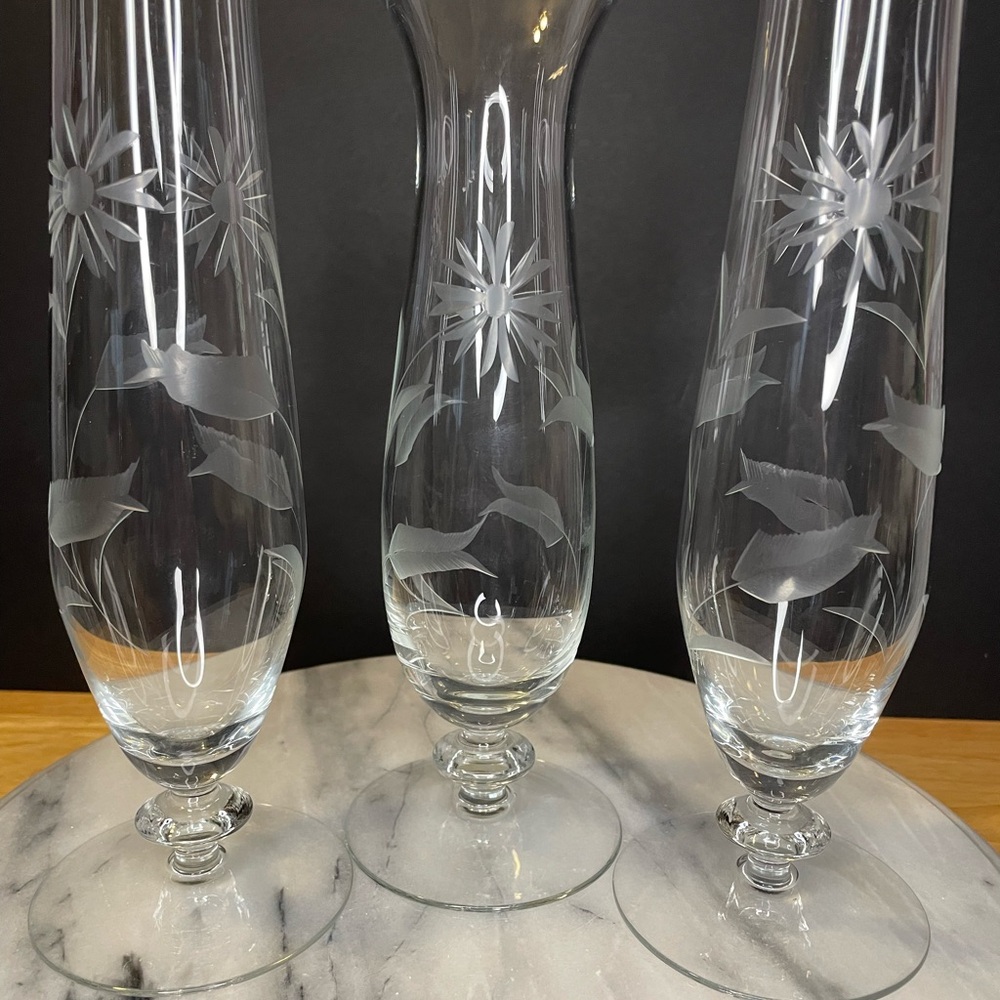Vintage MCM Floral Beautifully Etched Bud Vases - Set of 3